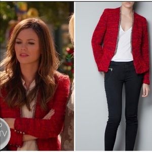 Zara Red embellished tweed blazer Size XS